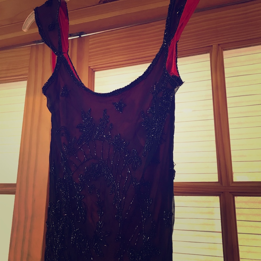 Vintage silk beaded dress. Black and red.